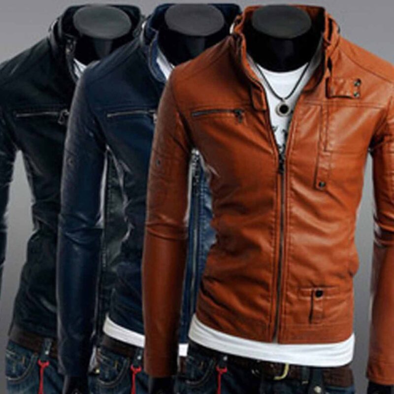 Men’s Different Color Stand Collar Slim Fit Faux Leather Jacket