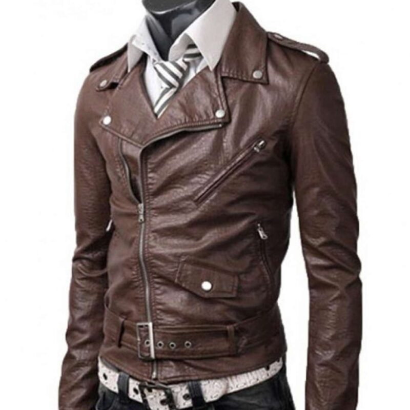 Men’s Asymmetrical Slim Fit Brown Leather Biker Jacket
