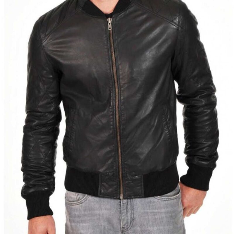 Men’s Bomber Simple Look Black Leather Jacket