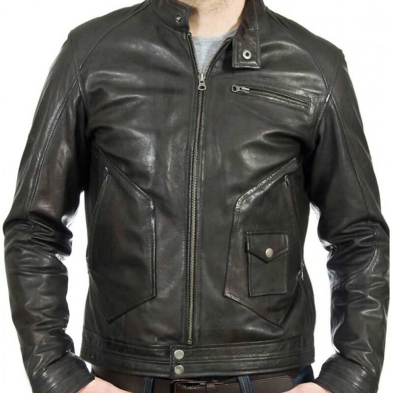 Men’s Biker Style Snap Button Slate Black Leather Jacket