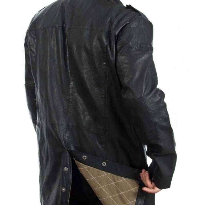 Mens Causal Button Closure Black Leather Trench Coat