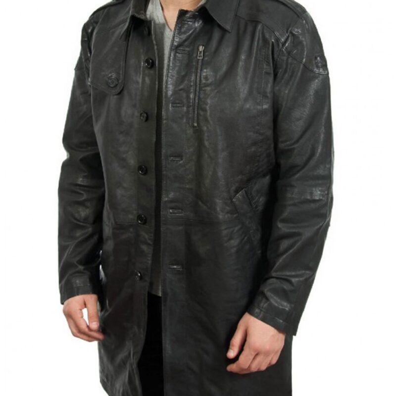 Mens Causal Button Closure Black Leather Trench Coat