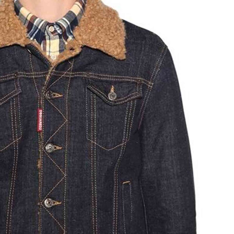 Men’s Shirt Style Shearling Denim Jacket with Fur Collar