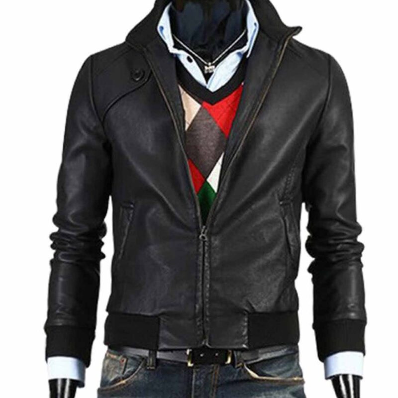 Men’s Slim Fit Bomber Simple Black Leather Jacket
