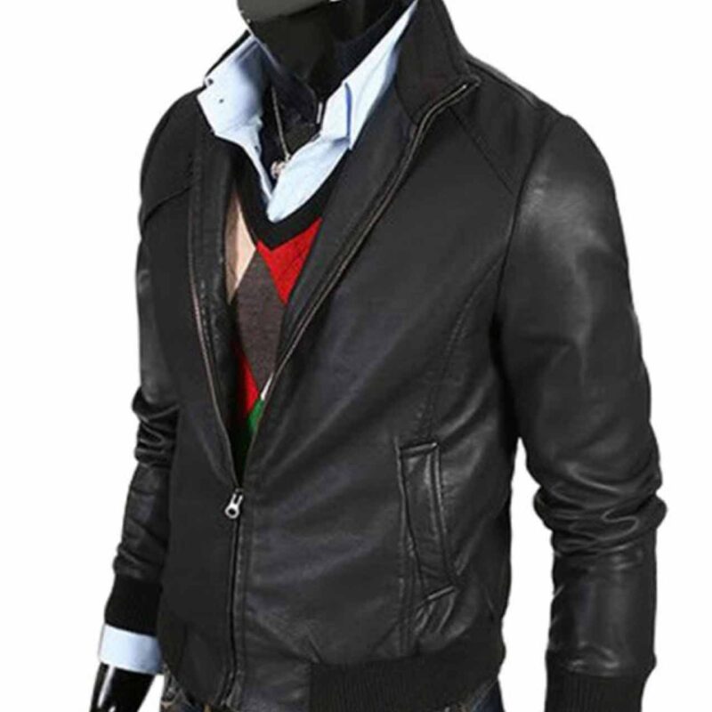 Men’s Slim Fit Bomber Simple Black Leather Jacket