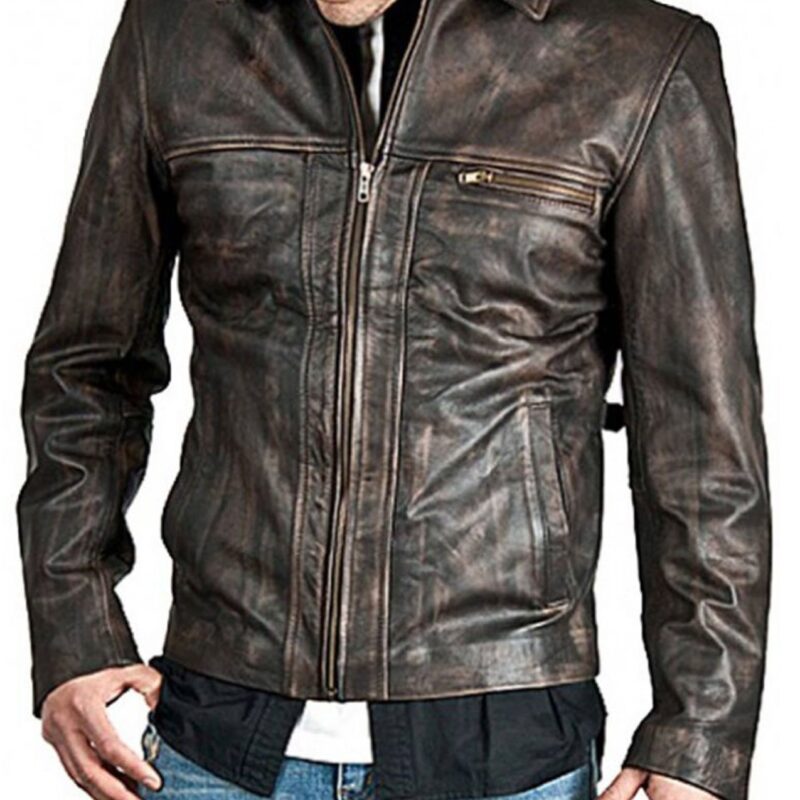 Men’s Shirt Collar Zip Up Brown Distressed Leather Jacket