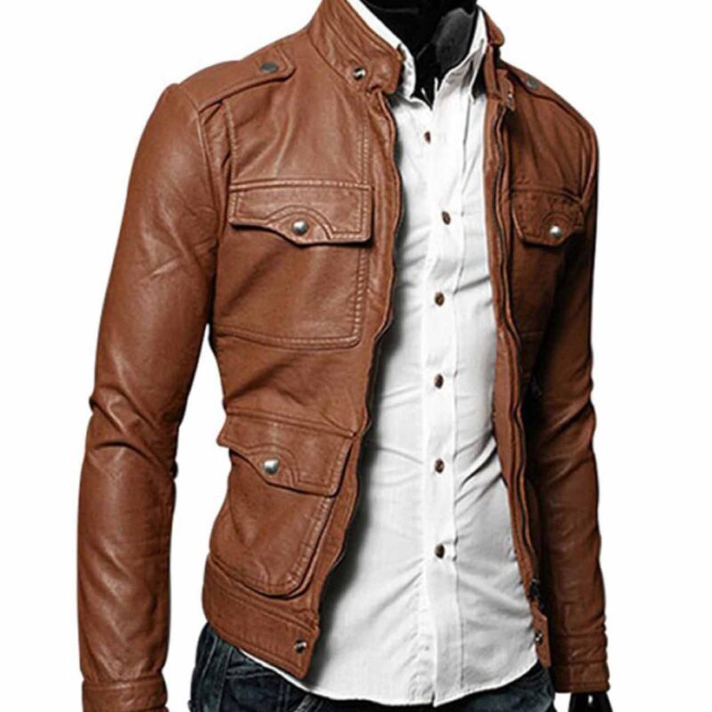 Men’s Multi Pockets Tan Brown Faux Leather Jacket