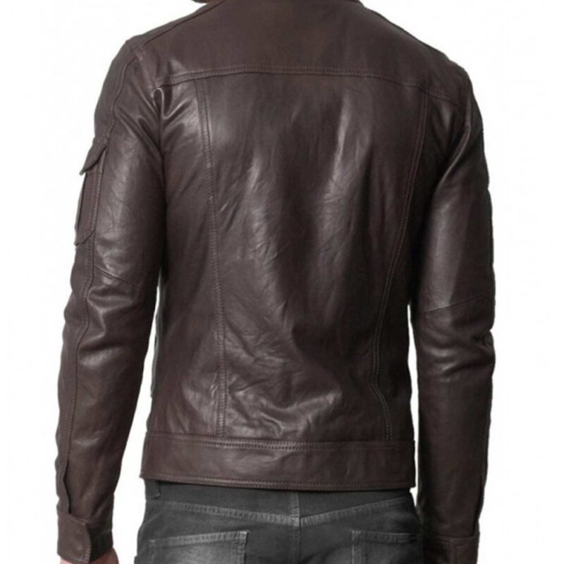 Men’s Pockets Design Stand Collar Real Brown Leather Jacket