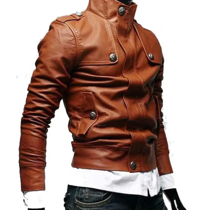 Men’s Slim Fit Biker Tan Button Front Brown Leather Jacket