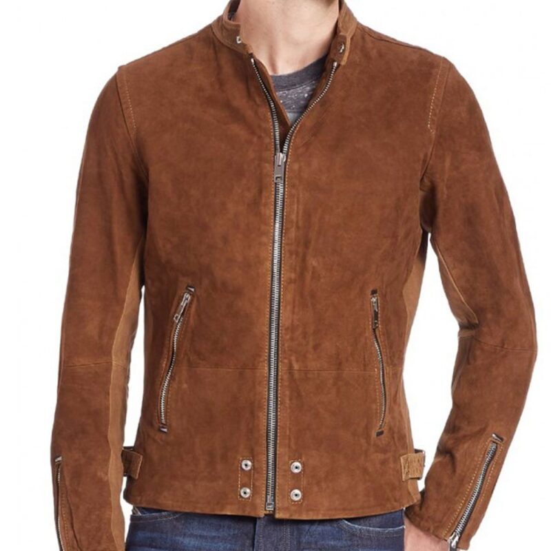 Men’s Zipper Pockets Casual Brown Suede Leather Jacket