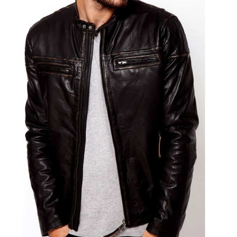 Men’s Snap Tab Collar Casual Wear Dark Brown Leather Jacket