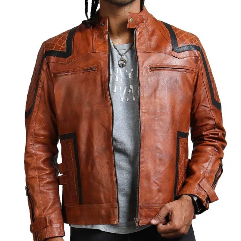 Men’s Designer Striped Style Brown Leather Jacket