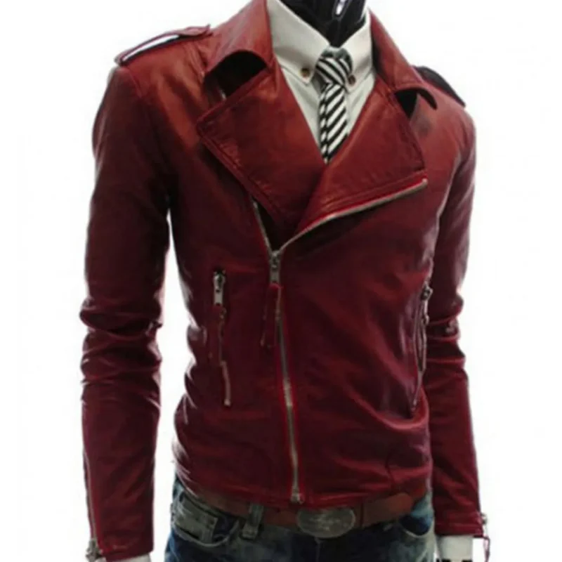 Men’s Asymmetrical Zipper Slim Fit Red Faux Leather Jacket