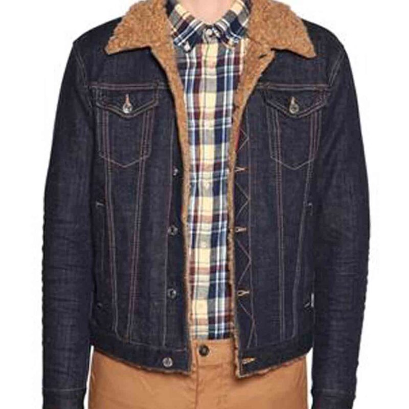Men’s Shirt Style Shearling Denim Jacket with Fur Collar
