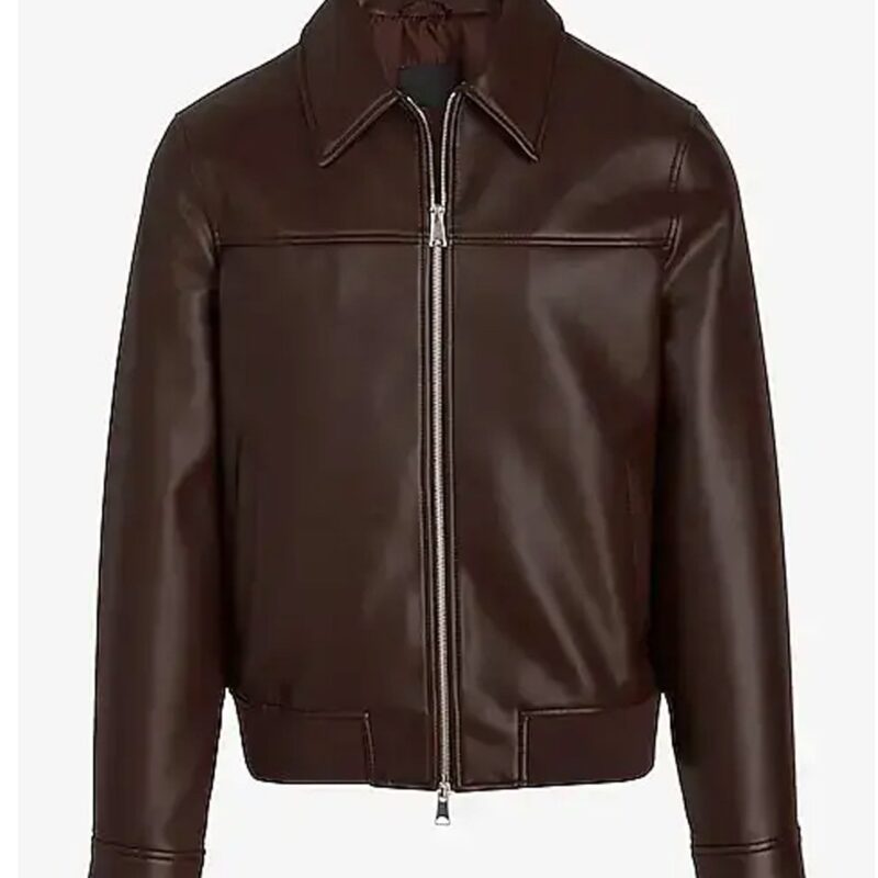 Men’s Brown Shirt Collar Faux Leather Jacket