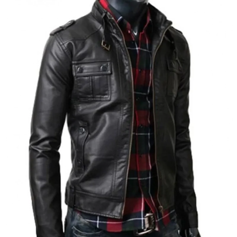 Men’s Strap Collar Casual Wear Slim Fit Black Leather Jacket