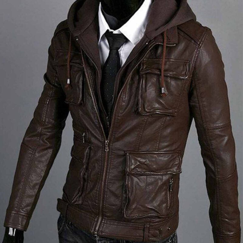 Men’s Slim Fit Multi Pocket Brown Leather Jacket with Hoodie