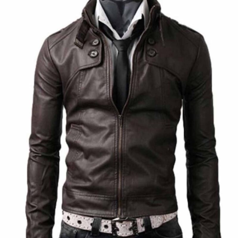 Men’s Belted Buckle Collar Slim Fit Dark Brown Leather Jacket