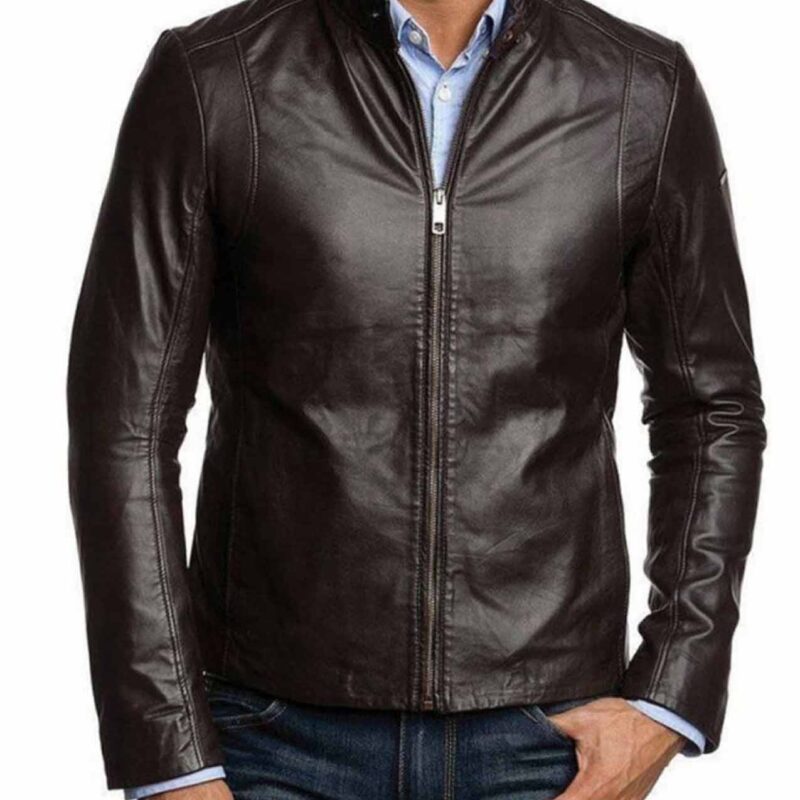 Men’s Casual Simple Look Dark Brown Leather Jacket