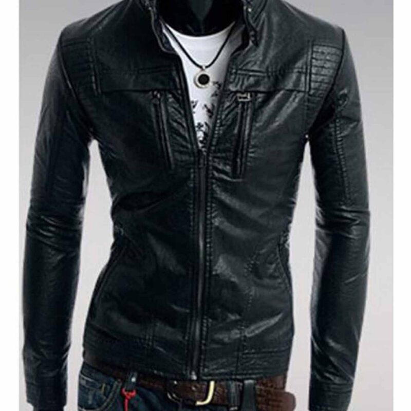 Men’s Mandarin Collar Slim Fit Brown/Black Leather Jacket