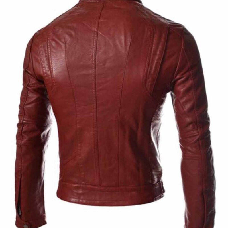 Men’s Slim Fit Snap Tab Collar Casual Red Faux Leather Jacket
