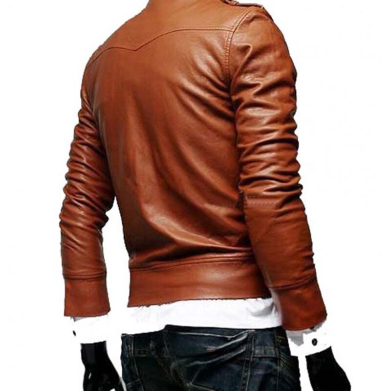 Men’s Slim Fit Biker Tan Button Front Brown Leather Jacket