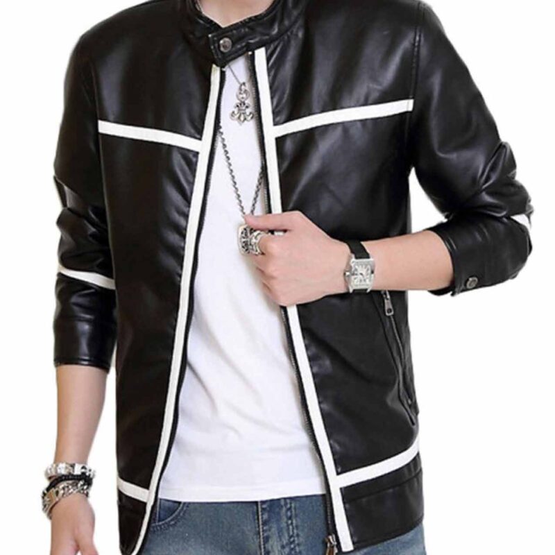 Men’s Slim Fit Biker White Striped Leather Jacket