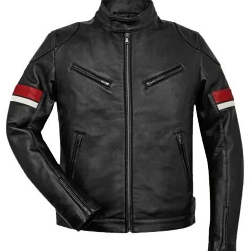 Men’s Striped Cafe Racer Black Leather Jacket