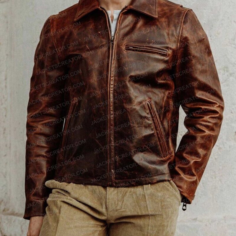 Men’s Casual Shirt Collar Vintage Brown Leather Jacket