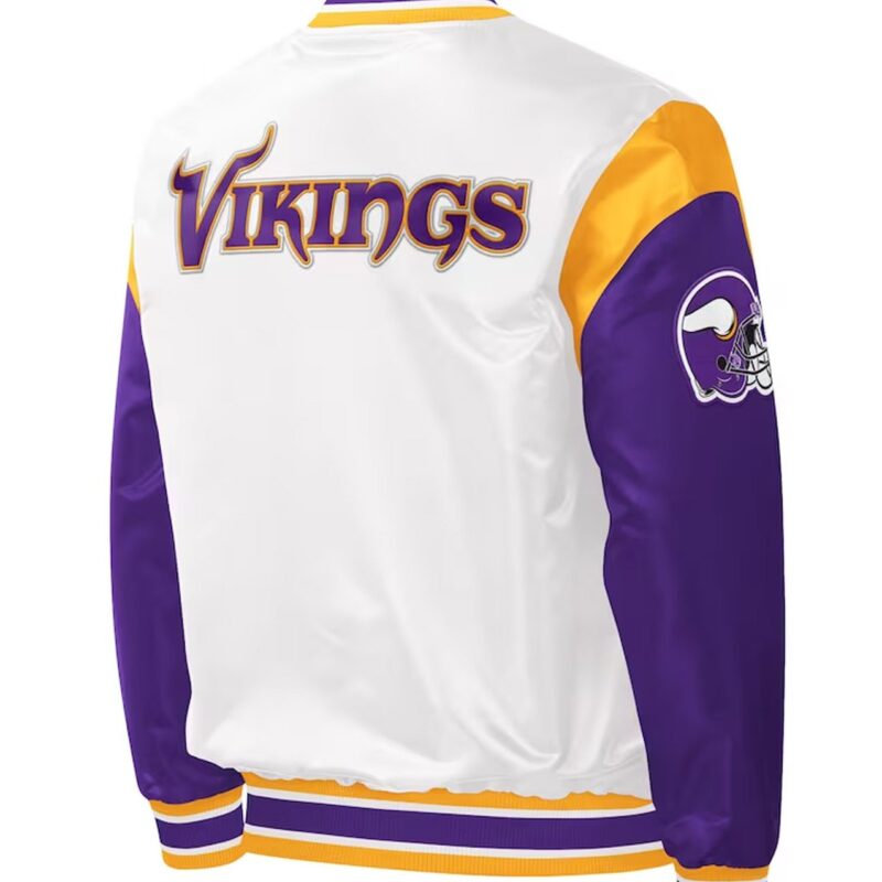 Minnesota Vikings Throwback Warm Up Pitch White/Purple Varsity Satin Jacket