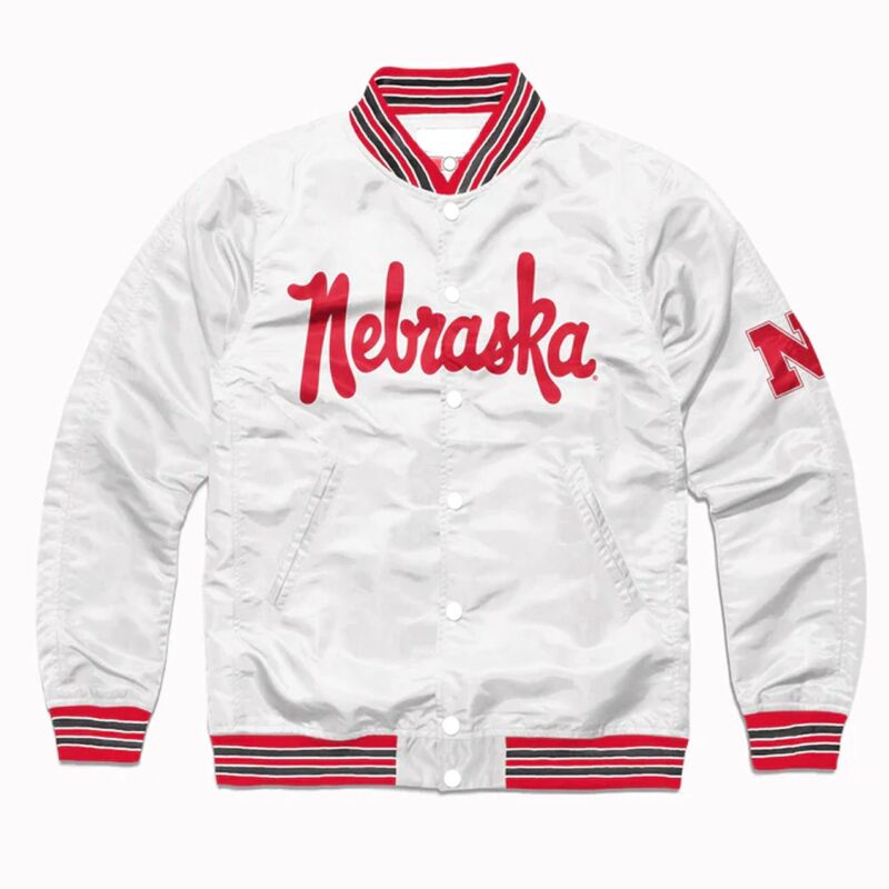 Script Nebraska Huskers White Varsity Satin Jacket