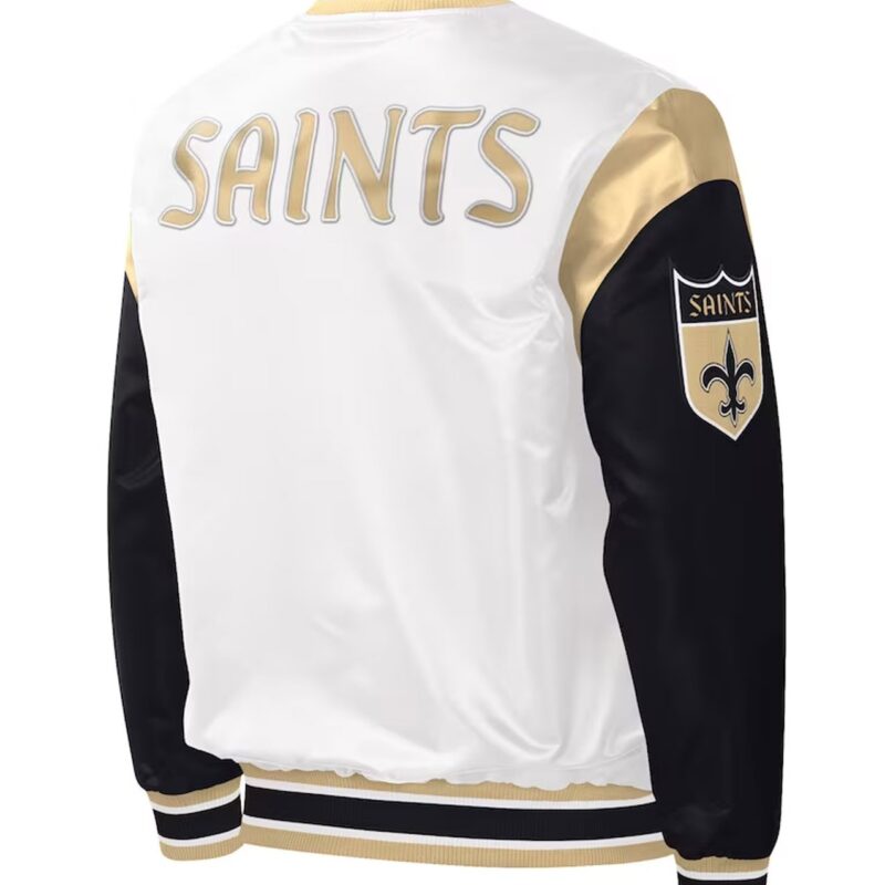 New Orleans Saints Throwback Warm Up Pitch White Varsity Satin Jacket