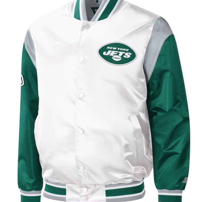 Throwback Warm Up Pitch New York Jets Varsity Satin Jacket