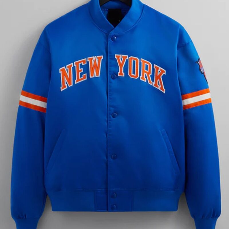 Striped NY Knicks Bomber Blue Satin Jacket