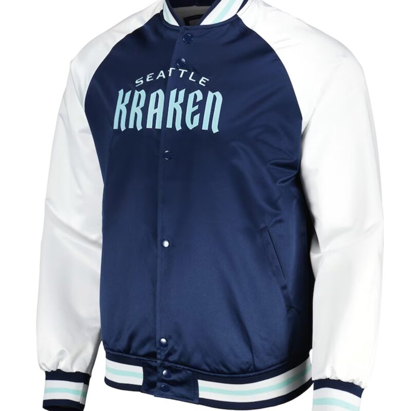 Primetime Blue/White Seattle Kraken Varsity Satin Jacket