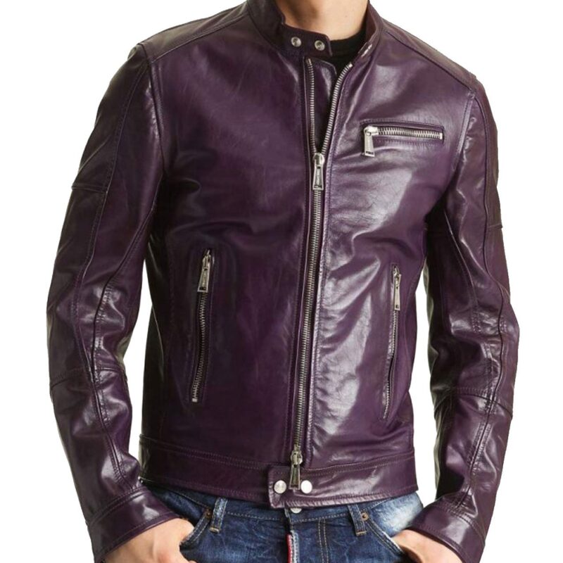Men’s Snap Tab Collar Purple Faux Leather Biker Jacket