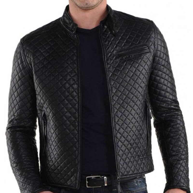 Men’s Snap Tab Collar Slim Fit Diamond Quilted Black Leather Jacket