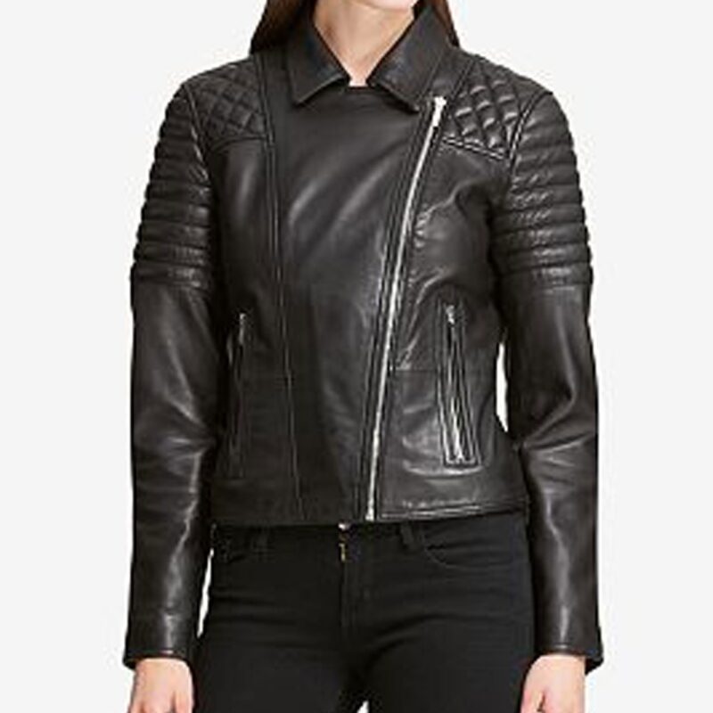 Women’s Quilted Shoulder Biker Black Leather Jacket