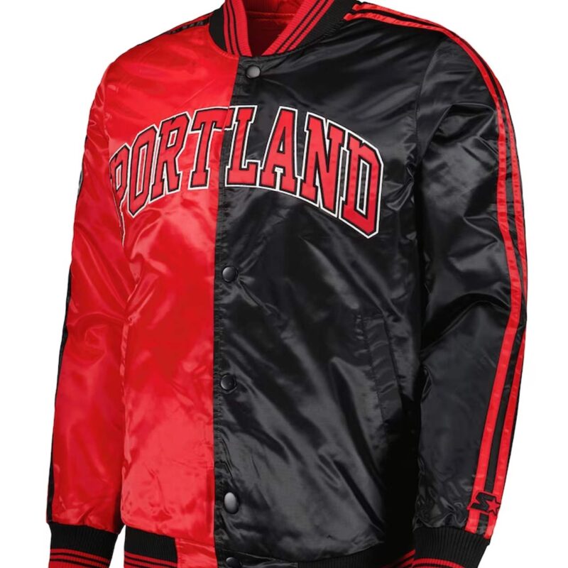 Fast Break Portland Trail Blazers Red and Black Satin Jacket