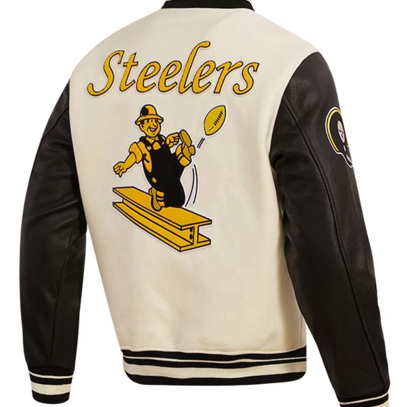 Retro Classic Pittsburgh Steelers Cream and Black Varsity Jacket