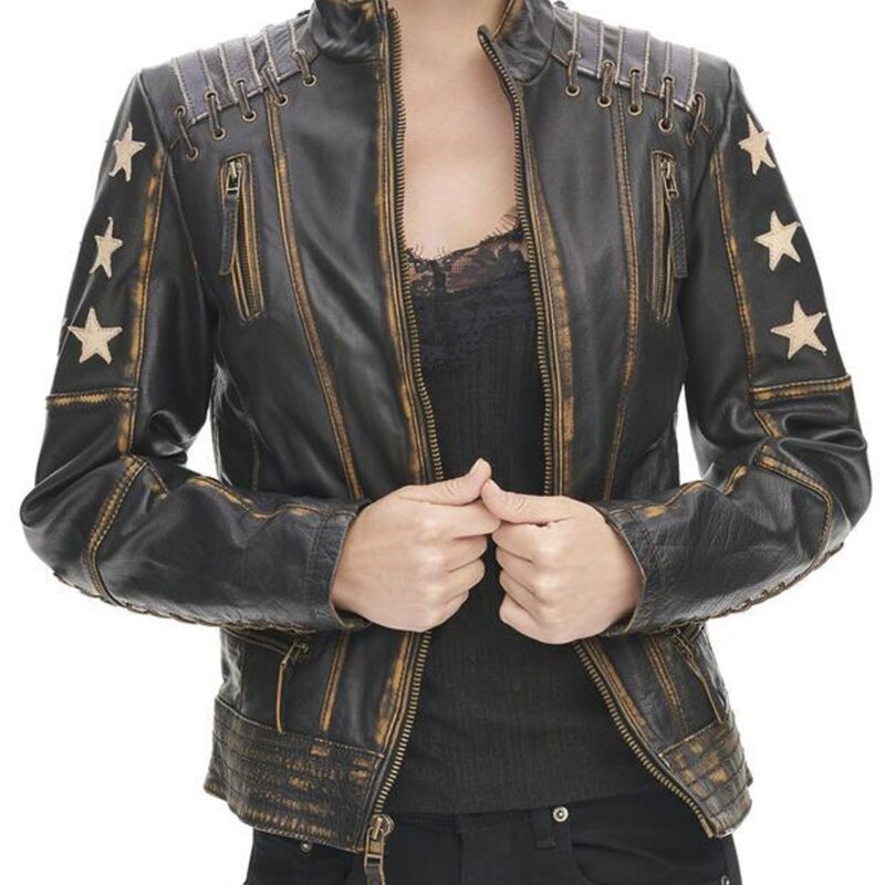 Women’s Stars and Stripes Distressed Black Leather Jacket