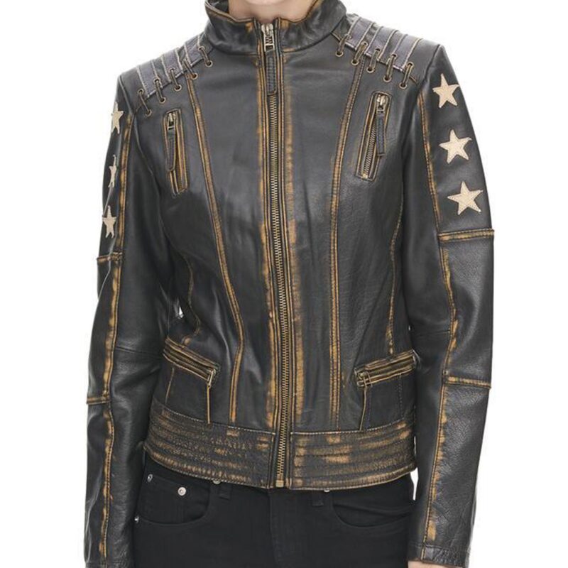 Women’s Stars and Stripes Distressed Black Leather Jacket