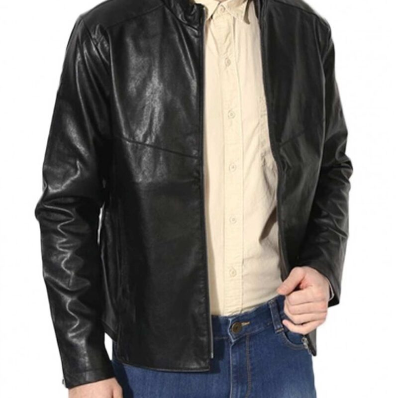 Men’s Casual Wear Stand Up Collar Simple Black Leather Jacket