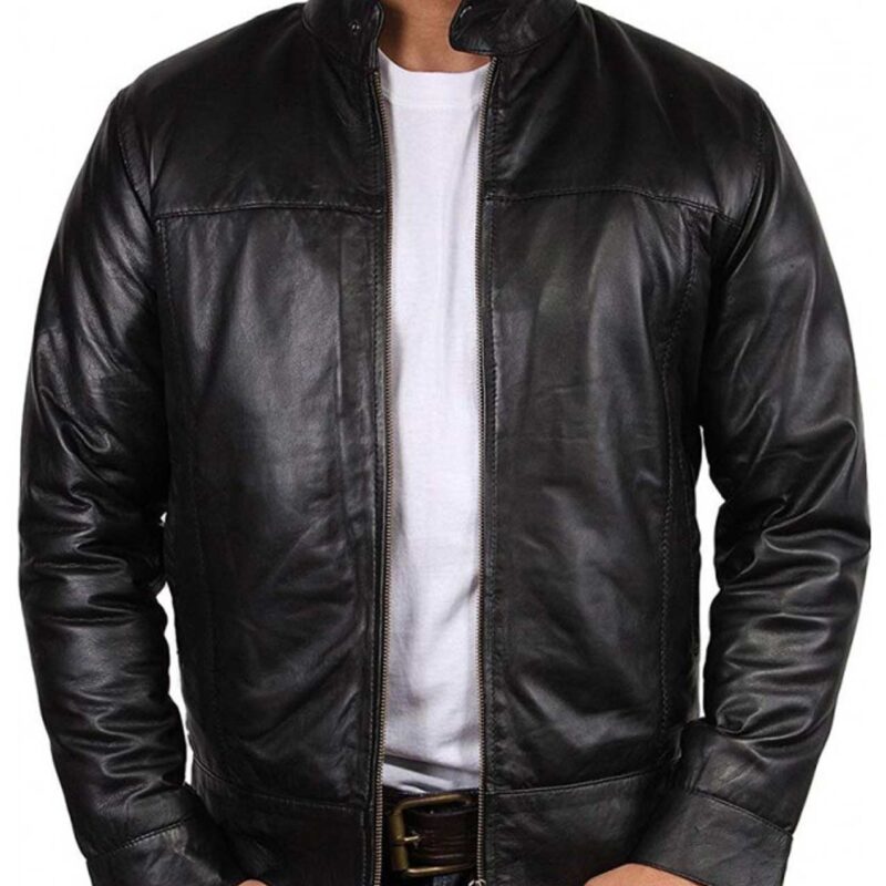 Men’s Simple Look Snap Button Collar Casual Black Leather Jacket
