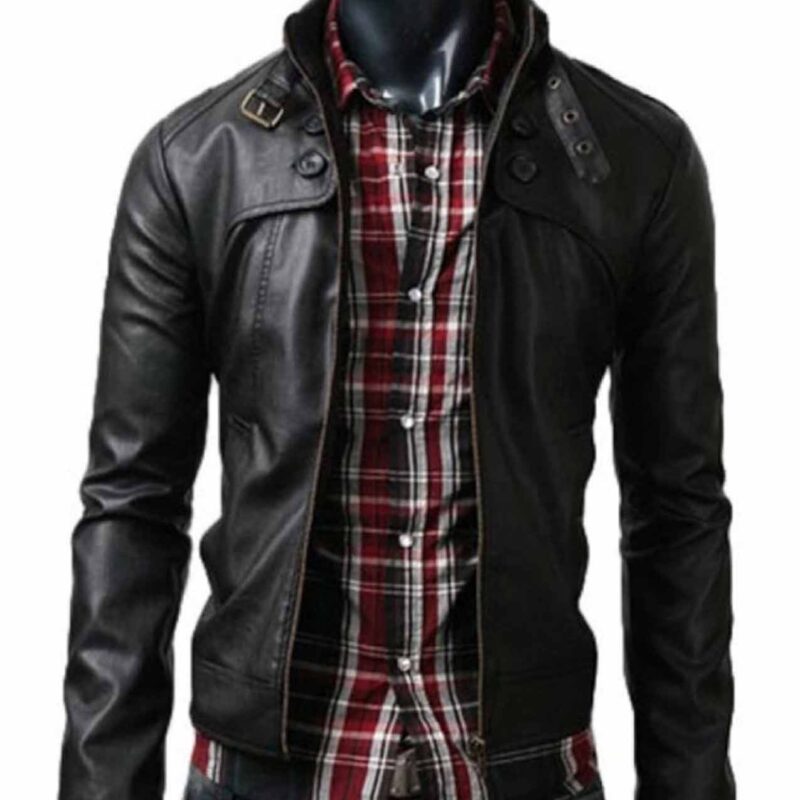 Men’s Slim Fit Buckle Collar Black Leather Jacket