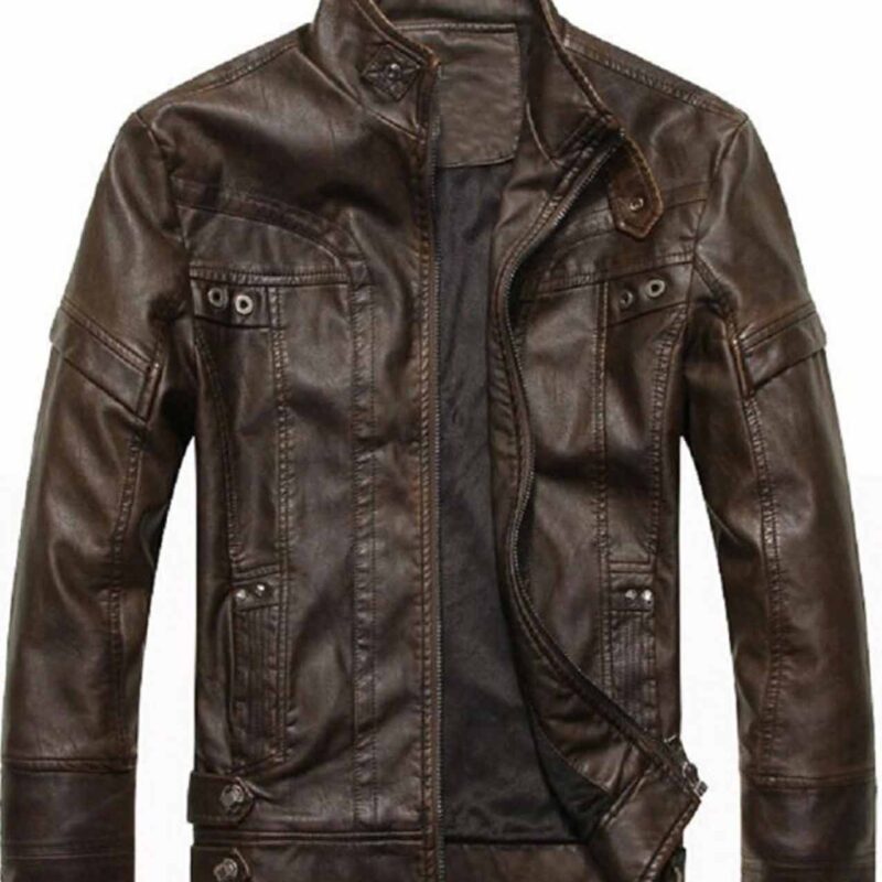 Men’s Snap Tab Collar Slim Fit Biker Brown Leather Jacket