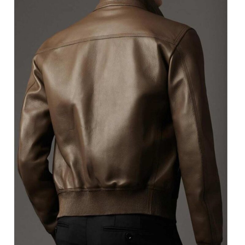 Men’s Slim Fit Flap Pockets Design Dark Brown Leather Bomber Jacket