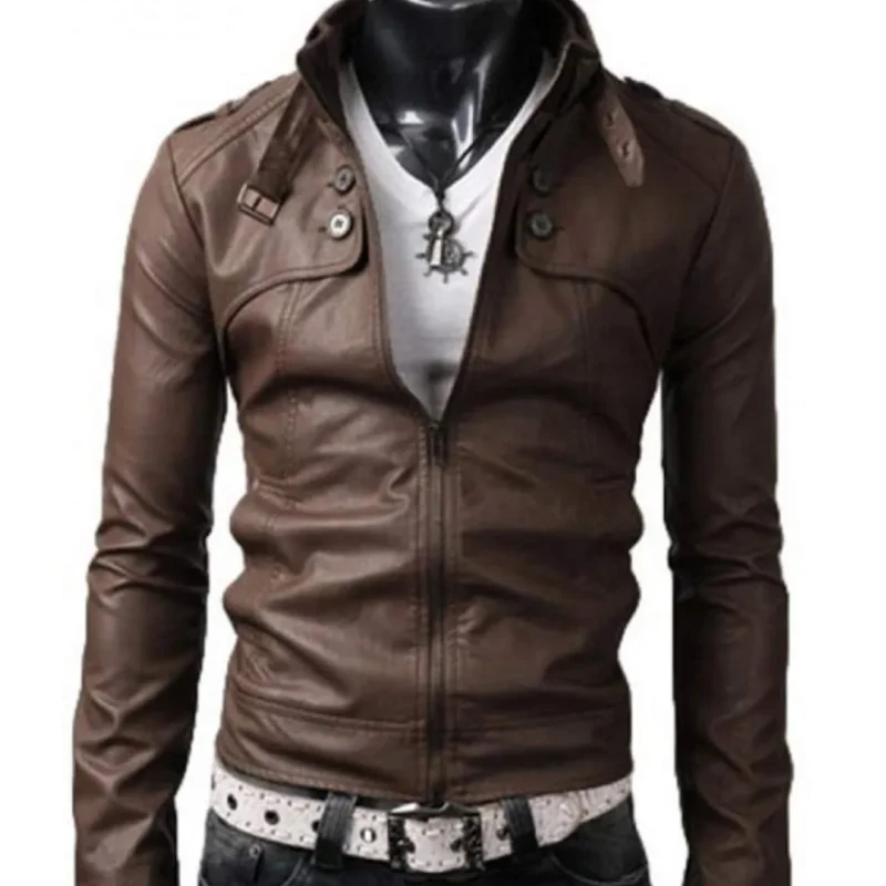 Men’s Slim Fit Belted Buckle Collar Brown Leather Jacket