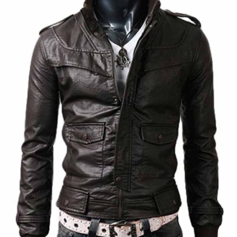 Men’s Stand Collar Designer Slim Fit Dark Brown Leather Jacket