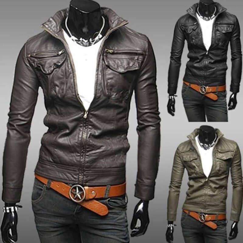 Men’s Casual High Neck Collar Style Faux Leather Jacket